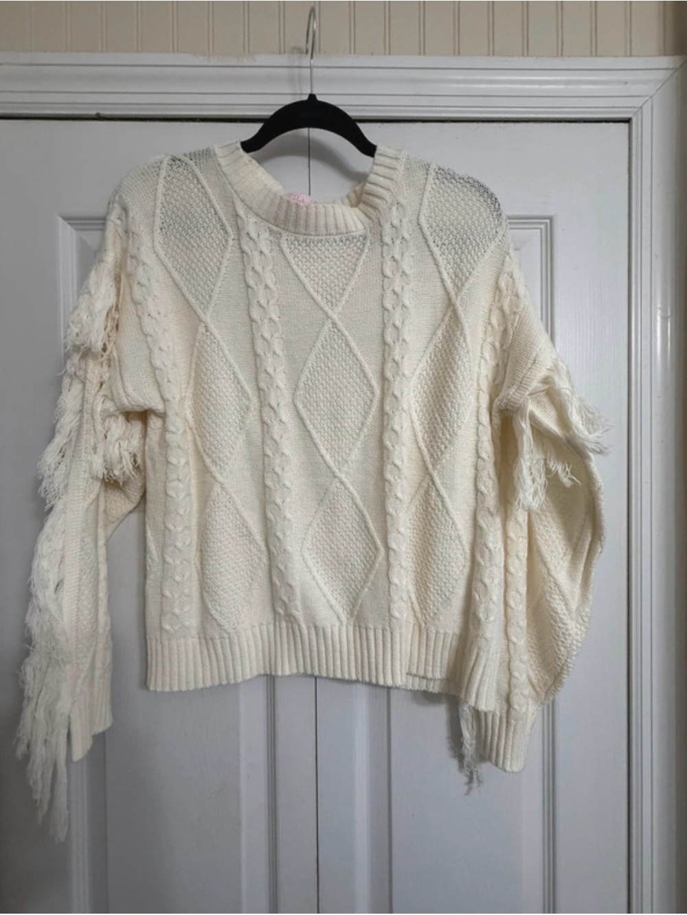 Pink Lily Cream Cable Knit Fringe Pullover